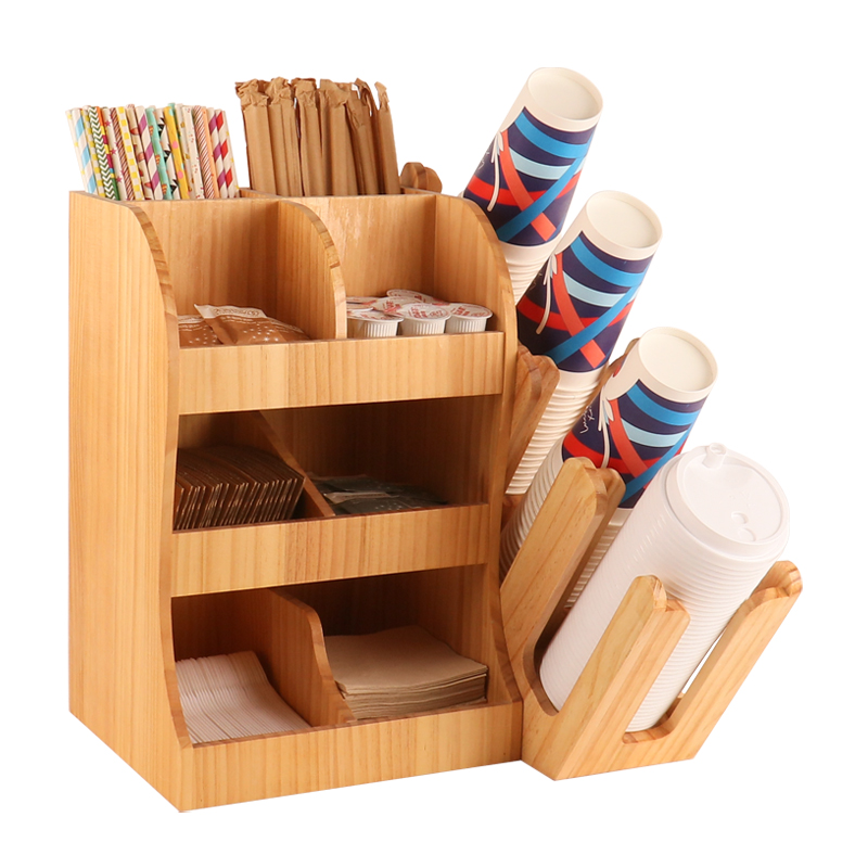 木质咖啡奶茶店纸杯架取杯器吧台收纳商用原木一次性分杯架吸管盒