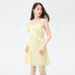 至漫ZHIMAN 不規(guī)則吊帶裙 荷葉邊露背連衣裙2024新夏季 曼谷戀曲