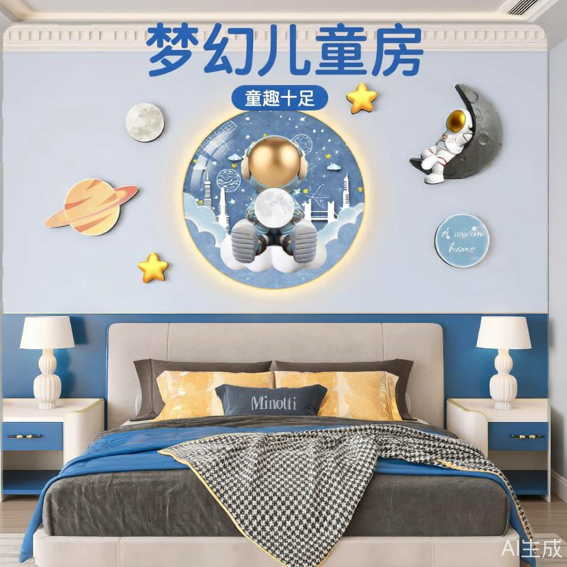 儿童房间布置装饰男女孩宇航员太空卧室床头挂画背景墙圆形壁画新,家居饰品,氛围画/灯画,淘宝优惠券,粉丝福利购,淘宝优惠卷