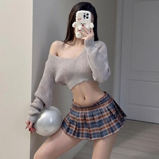 小短裙mini毛衣性感可爱校园低领百褶裙JK制服诱惑格子超短裙