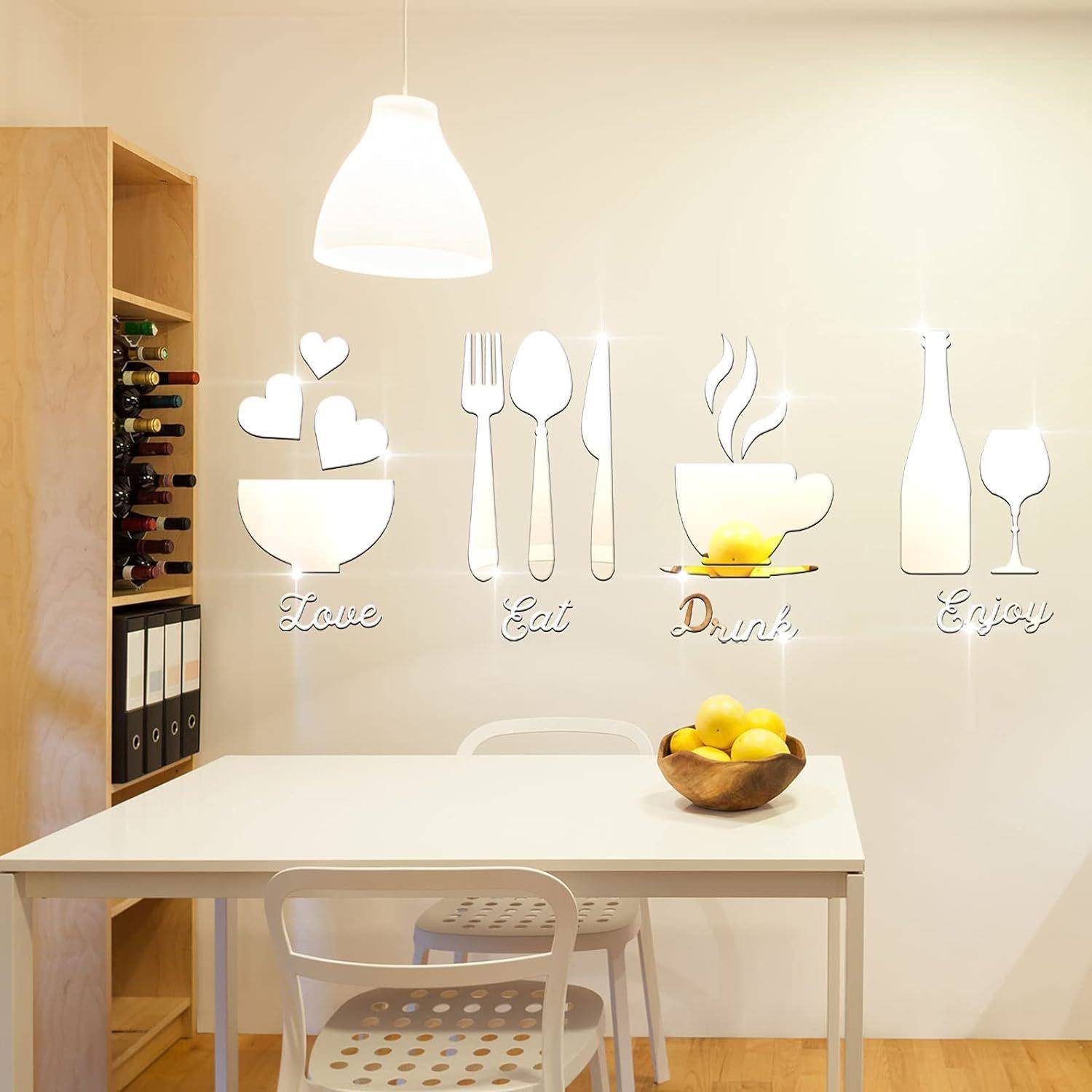 厨房墙壁装饰亚克力镜面墙贴,叉勺碗茶杯瓶标志 3D ,厨房墙面镜装