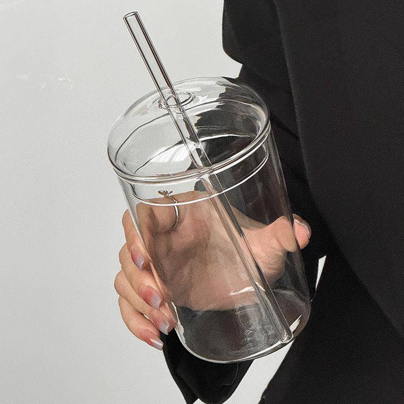 简约大容量耐高温水杯 玻璃吸管杯带盖果汁饮料杯 高硼硅咖啡杯子