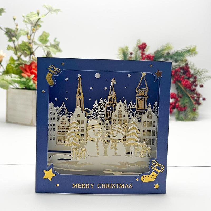跨境新款圣诞立体烫金盒子贺卡 节日平安夜祝福礼物盒子ins可爱