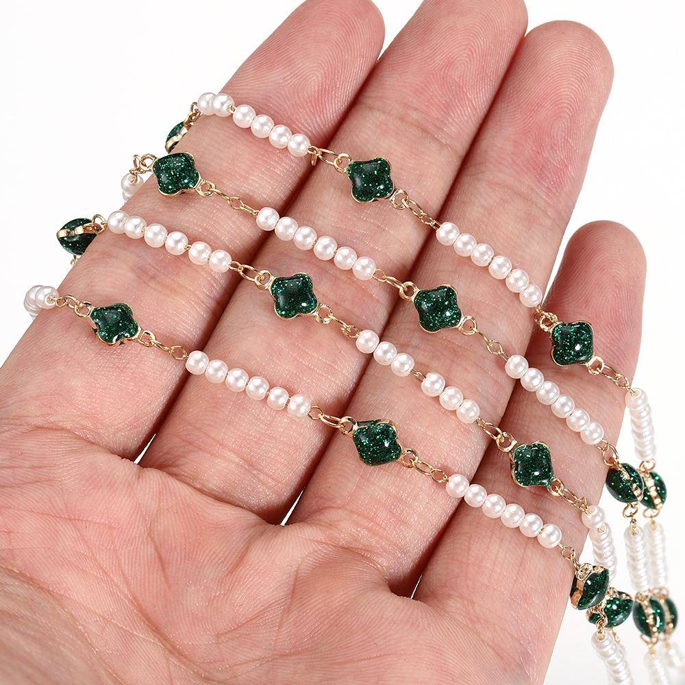 1米法式复古四叶仿珍珠铜链条 绿色水晶花珠项链手链饰品配件