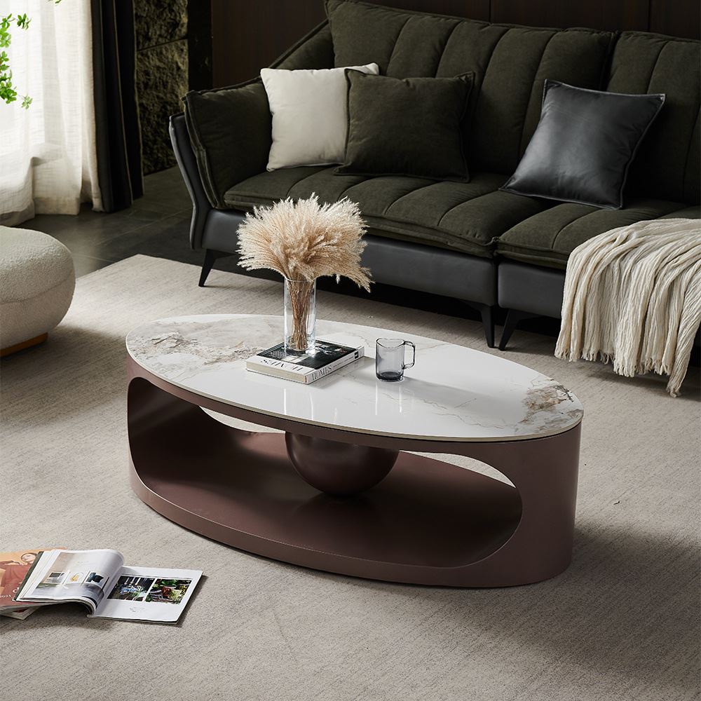 轻奢现代简约椭圆形岩板茶几电视柜小户型不锈钢高端客厅家用茶几