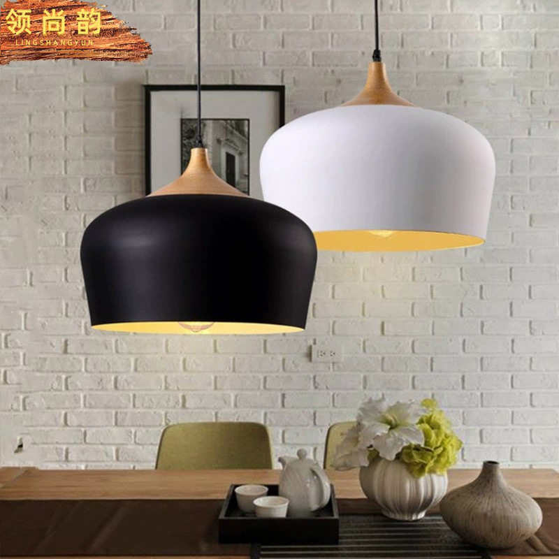 北欧书房办公灯具简约餐厅饭厅吧台卧室床头创意单头铝材吊灯实木