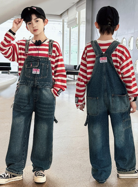 Z1010-早阳童2024春季新款中大童时尚帅气宽松弹力贴标背带裤男童