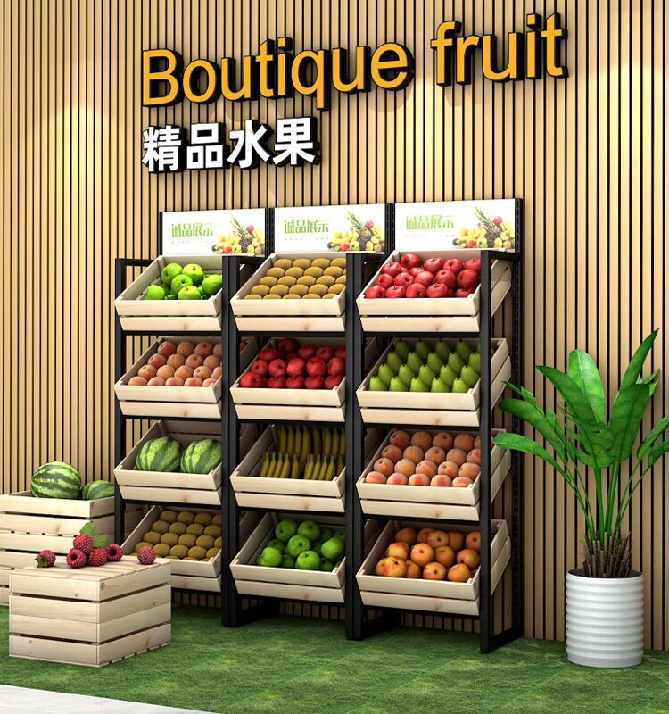 水果展示架超市蔬菜架水果店实木框果蔬架红酒钢木百果园多层货架