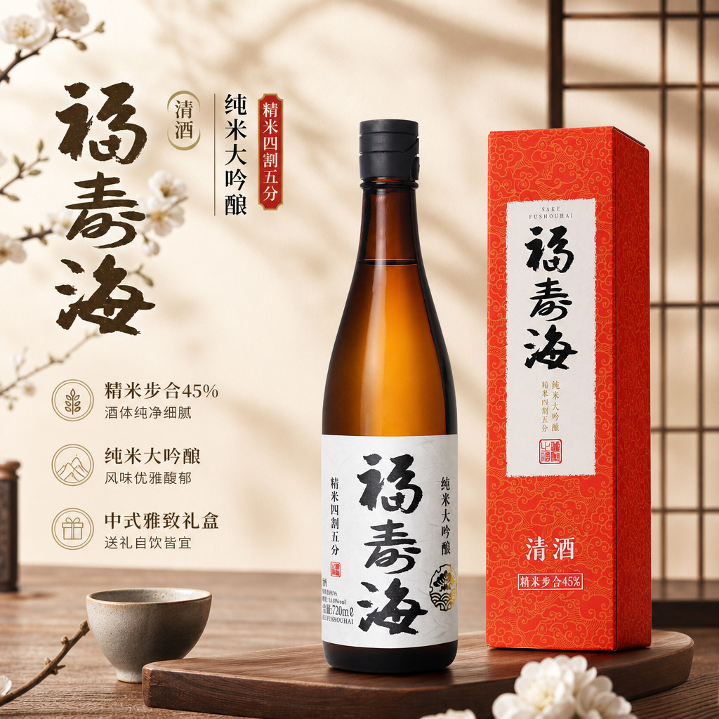 福寿海纯米大吟酿45国产日式清酒720ml礼盒装纯粮酿造低度酒清爽
