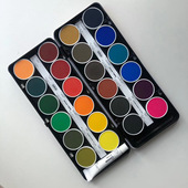 荷尔拜因HB圆盘红盒透明 24色固体水彩颜料红铁盒 不透明蛋糕彩12