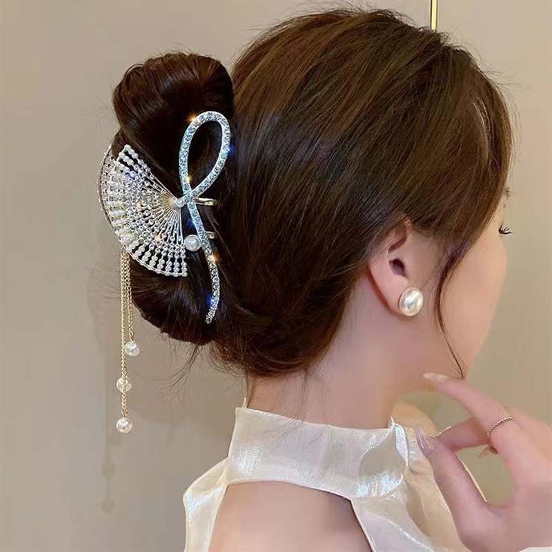 超仙扇子流苏镶钻抓夹高级感后脑勺发夹