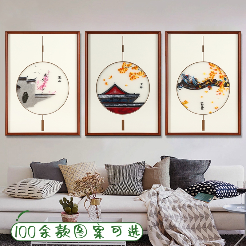 新中式客厅三联画手工立体刺绣背景墙装饰玻璃实木框成品苏绣挂画