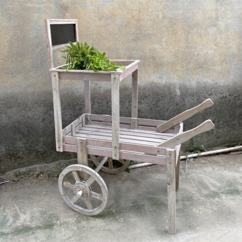 美式乡村做旧推车带轮子三层花架置物架黑板咖啡馆店铺装饰花车