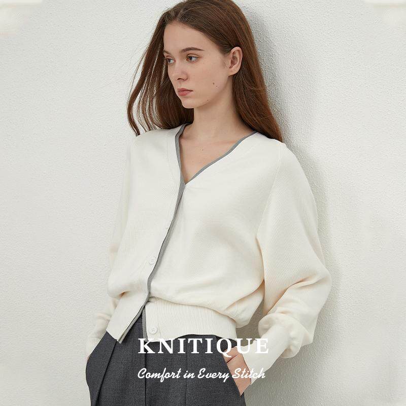 knitique织迹 天丝棉V领撞色门襟针织开衫假两件灯笼袖毛衣女201