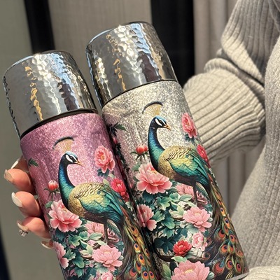 孔雀呈祥【钛杯】碱性水水矿石健康负离子保温水杯