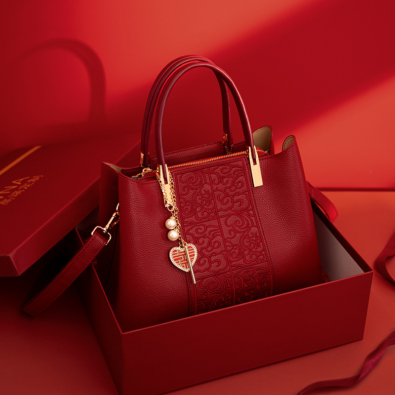 日本品质国风刺绣红色包包大容量手提包新娘结婚包礼物中年女士妈