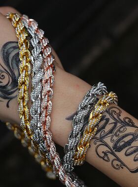 宽度9mm合金镶嵌莱茵石 欧美个性HIPHOP饰品蹦迪闪耀男女嘻哈项链