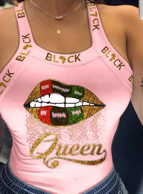 Summer Plus Size S-5XL Black Queen Letter Lip Print Sleevele