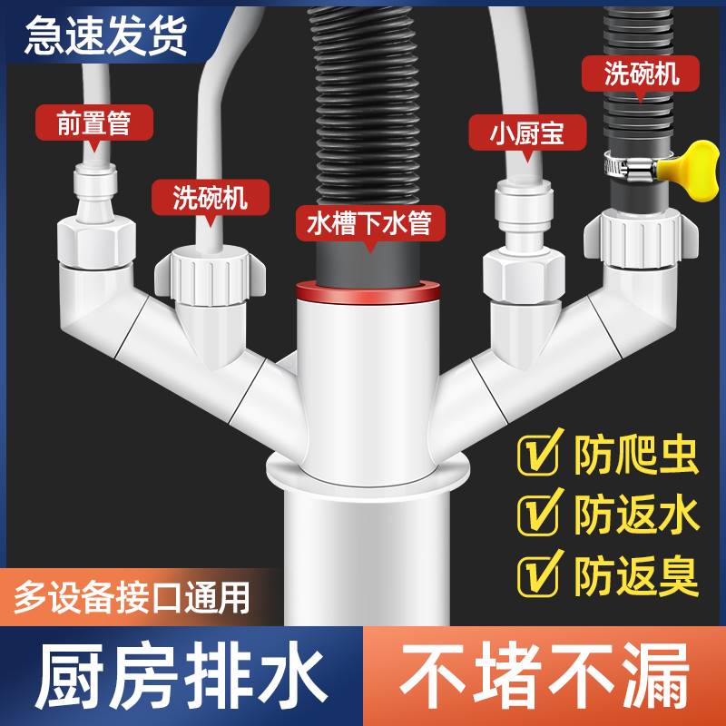 厨房下水管三头通下水道分水器洗碗机排水管净水器接头防返臭神器