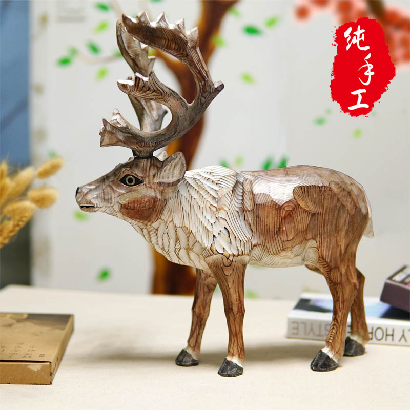 实木手工雕刻动物鹿摆件家居软装饰品木雕工艺礼品摆饰创意雕刻摆