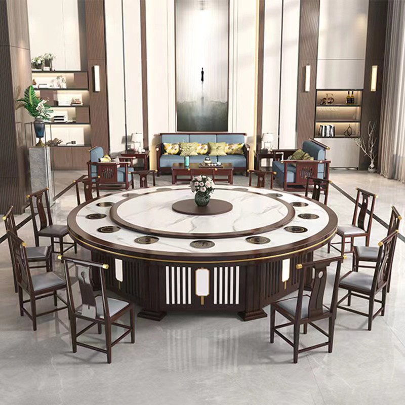 新中式酒店餐桌电动大圆桌饭店包厢15人自动旋转火锅桌椅实木定制