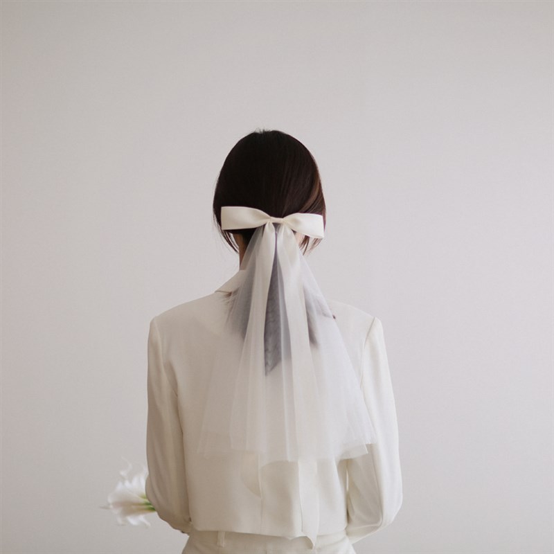 蝴蝶结短款头纱新娘头饰网红拍照求婚道具法式白色小头纱领证登记