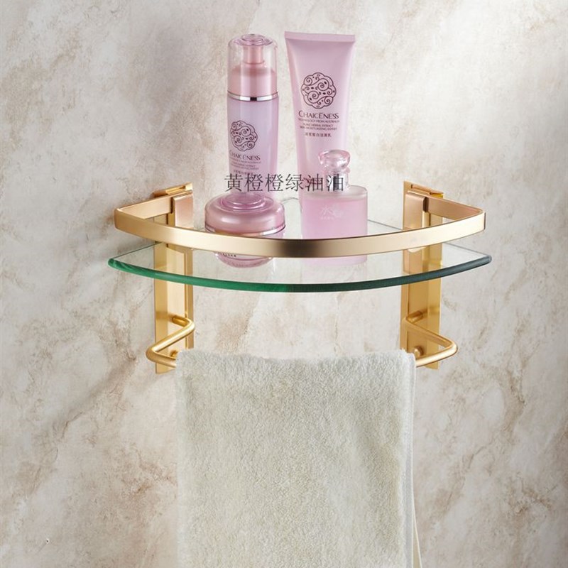 欧式复古风浴室钢化玻璃置物架三脚架金色拐角架打孔化妆品货架双