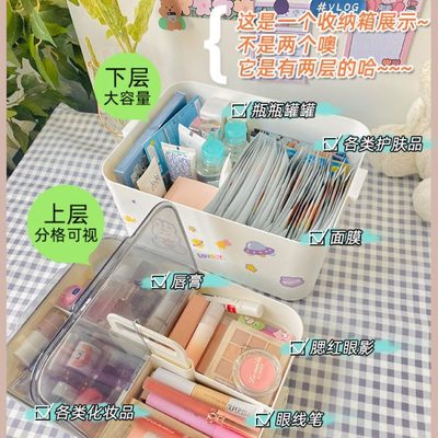 化妆品收纳盒双层桌面梳妆台防尘有盖美术生指甲美甲工具箱大容量