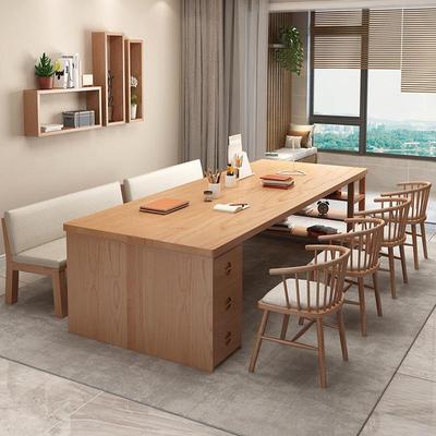 简约实木大书桌书柜一体 带抽屉员工会议桌 白蜡木长条桌办公桌