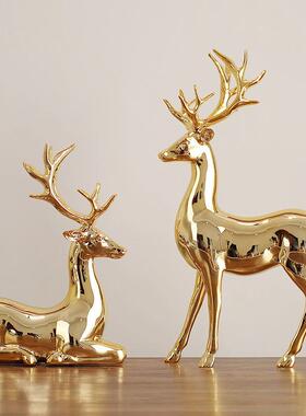 北欧时尚金色电镀麋鹿客厅家居装饰品摆件工艺品招财电视酒柜摆饰