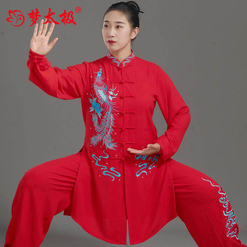 梦太极新款太极服女春夏季薄款刺绣凤舞九天中国红色太极拳练功服