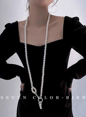 设计挎感珍珠装饰项链女长版斜肩腰炼配衣饰毛链奢轻小A3531众个