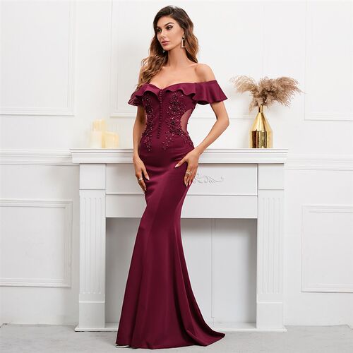 极速YIDINGZS Soft Satin See Through Appliques Beading Long E