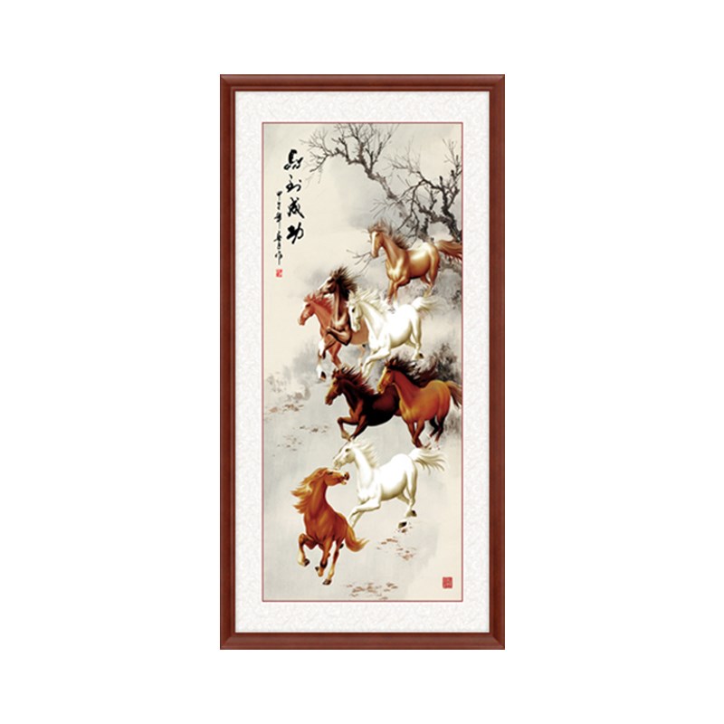 网红入户玄关装饰画马到成功中式走廊过道竖版五牛图九鱼图八骏图图片