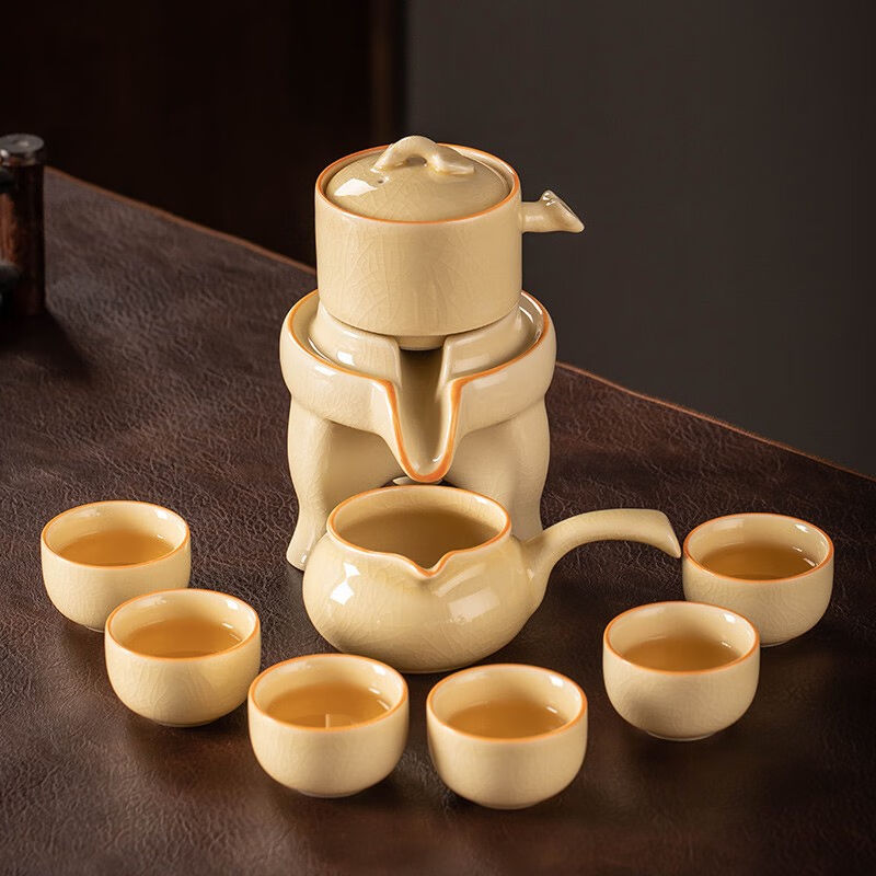 瓷牌茗茶具黄哥窑石磨自动茶具套组家用防烫冲茶器办公室懒人泡茶
