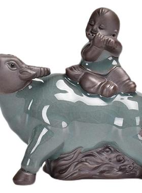 陶瓷创意哥窑牧童骑牛摆件家居茶室茶桌茶道配件鱼缸园艺造景装饰