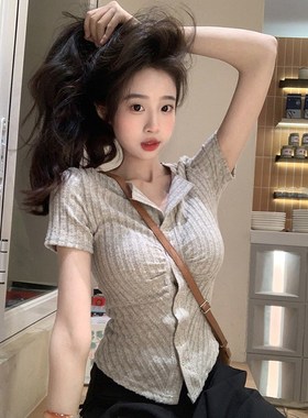 紫色纯欲辣妹短袖针织衫女2024新款春夏季设计感小灶修身显瘦上衣