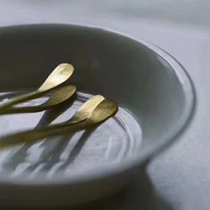 座边师友现货日本银猫手工锤打金工茶勺茶道具长版简约金属铜茶铲