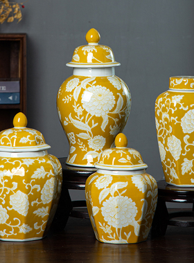 复古六角罐黄色釉陶瓷花瓶家居摆件家装饰品创意花瓶高级感可水培