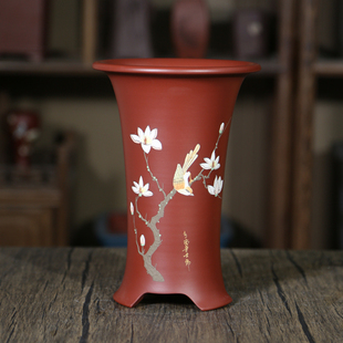 宜兴紫砂花盆陶瓷绿植阳台精品大红袍彩绘束腰花盆兰草兰花专用盆