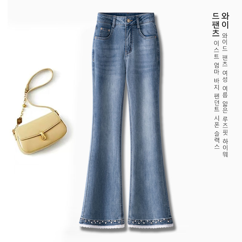 蕾丝拼接牛仔微喇裤女2025年新款夏季薄款高腰小个子九分喇叭裤子
