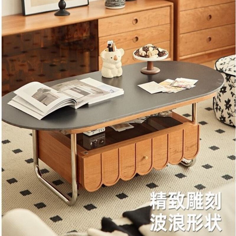 现代简约樱桃木实木茶几中古小户型家用客厅茶桌复古不锈钢小桌子