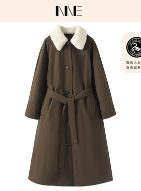 NNE女装2025冬新款系带收腰风衣外套羊毛翻领长款白鹅绒羽绒服