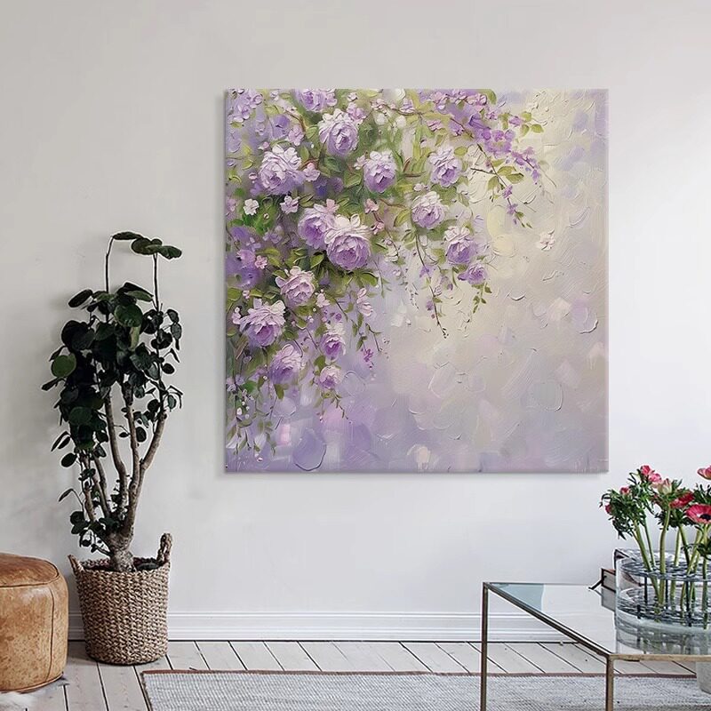紫色花卉抽象玫瑰花装饰画画简约正方形肌理彷油画画感客厅走廊入
