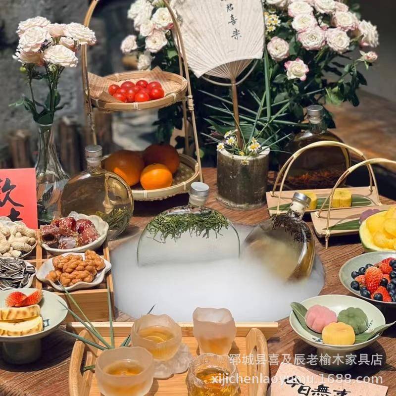 户外围炉煮茶桌烤肉方桌榆木复古圆形实木火锅桌子老榆木冰茶桌