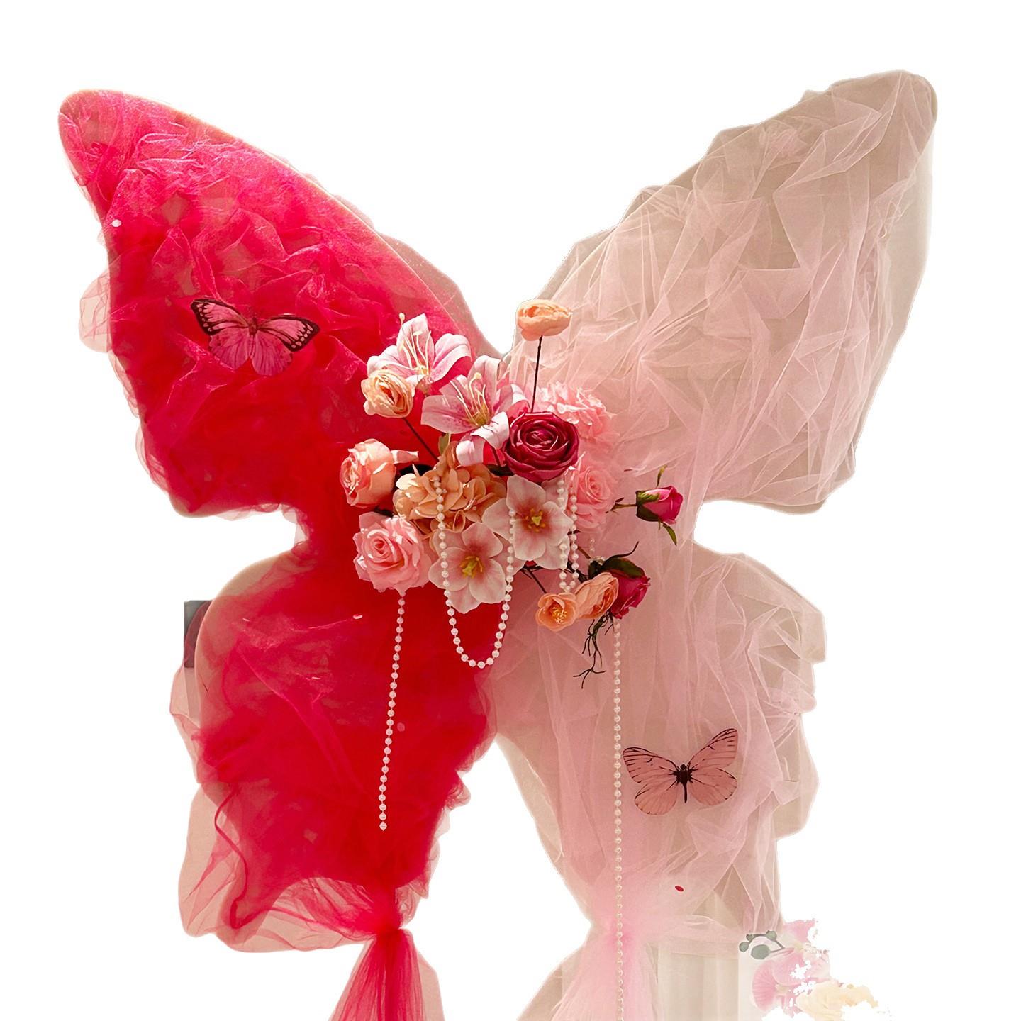 IY梦幻仿真花拼色diy拼色网纱蝴蝶D结装饰拍照背景墙婚礼摆生日件