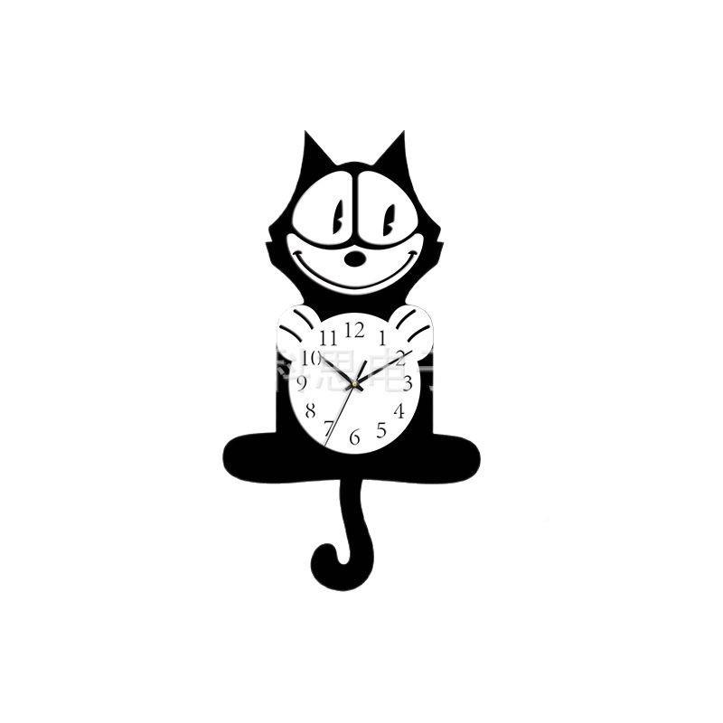 新款可爱猫意钟时数30664字挂钟客创儿童房装饰钟表厅静音摇摆挂