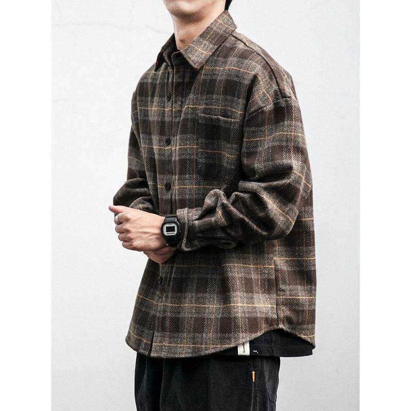 厚秋冬覆古衬磨毛加格子衫男工装长袖潮牌宽休松毛呢衬衣闲外MNR