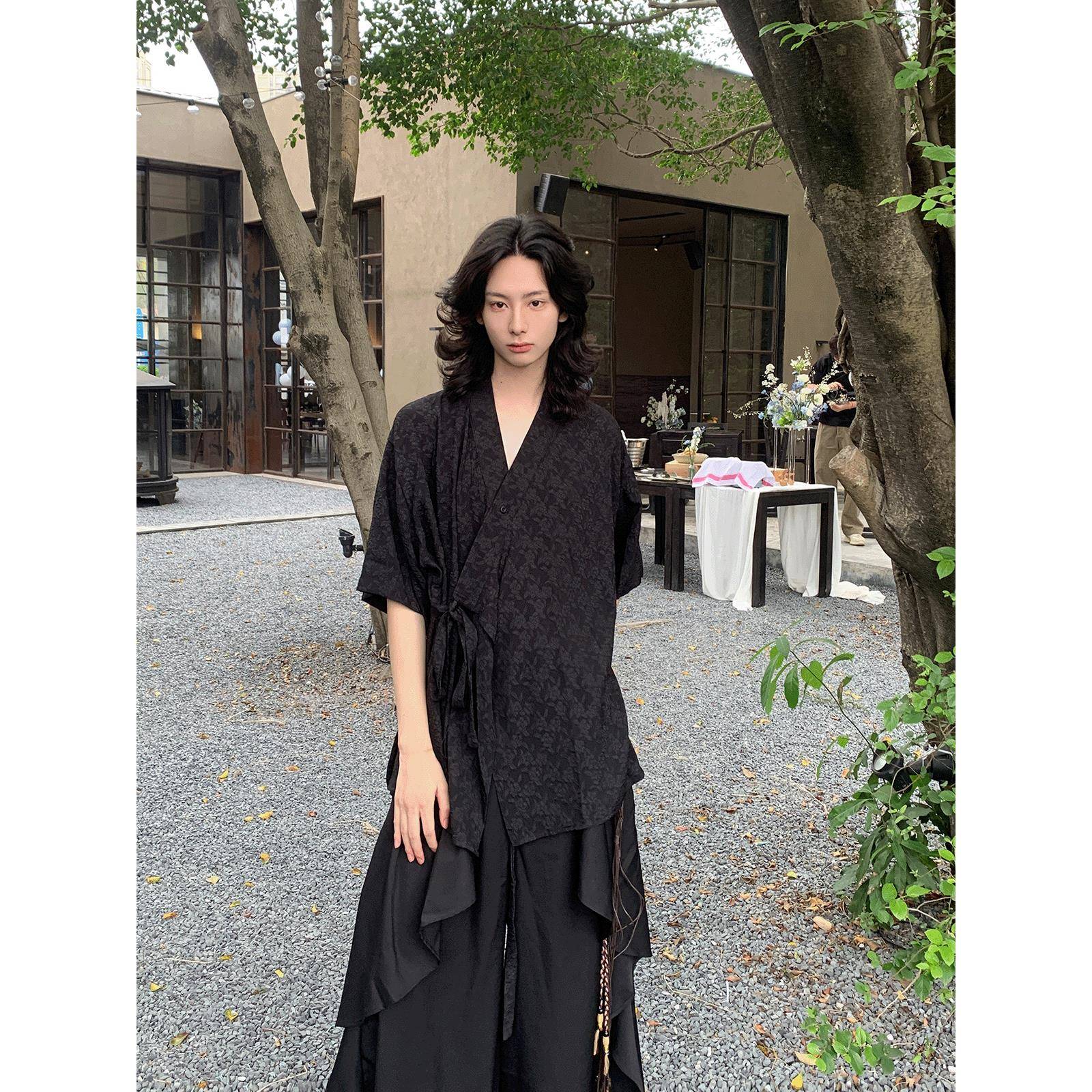 半空山 夏季覆古山本耀司风花卉刺绣新中式道袍绑带短袖衬衫外套