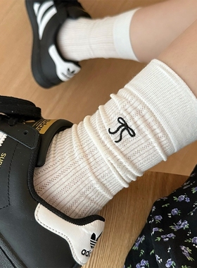 灰色袜子女春秋款中筒袜纯棉蝴蝶结堆堆袜月子袜产后长筒袜